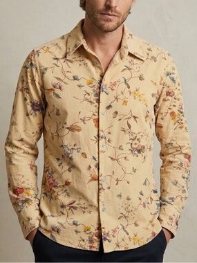 Sand Copenhagen Floral Printed Corduroy Button Up Mens Shirt EU41 L Cream Tan